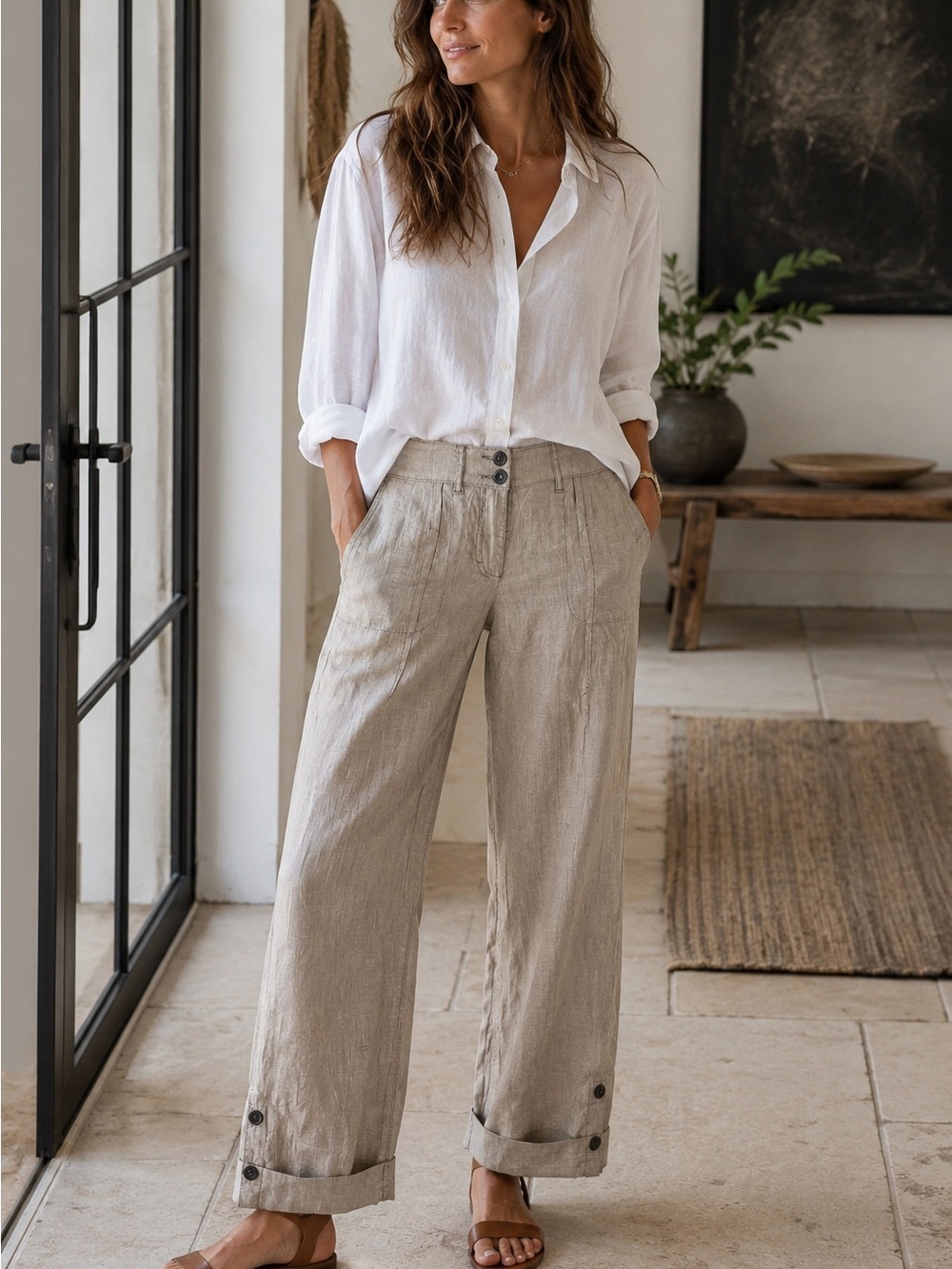Luisa Cerano 100% Linen Straight Leg Trousers Taupe Adjustable Button Hem Size 8